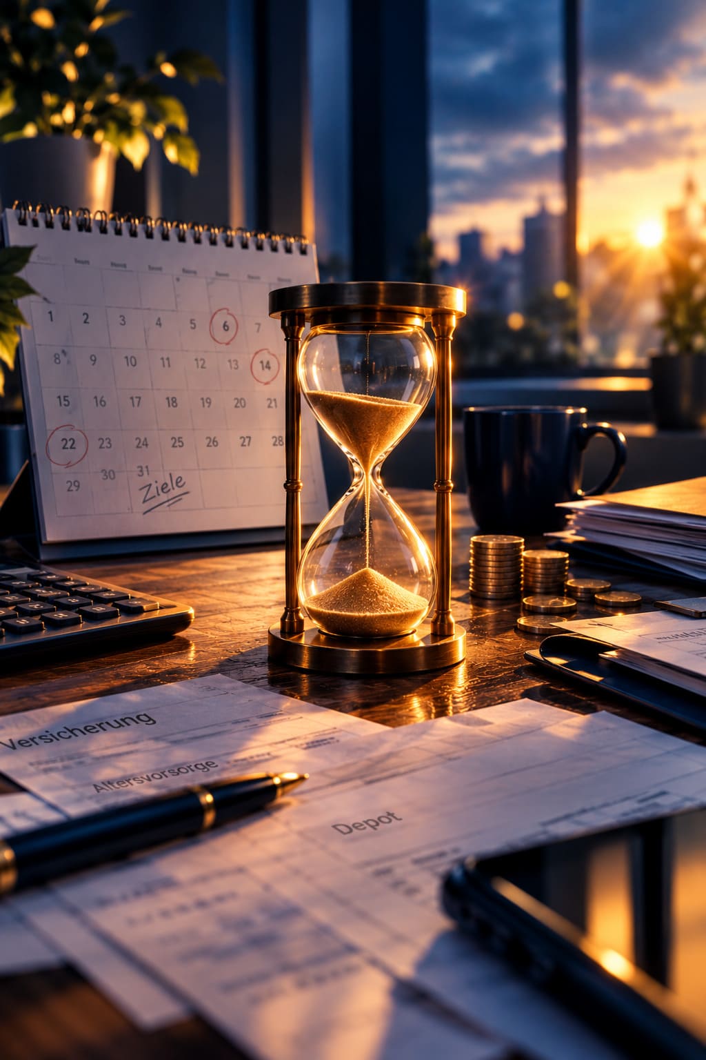 Eine Sanduhr vor einem zeitlosen Kalender und Finanzunterlagen symbolisiert die vergehende Zeit